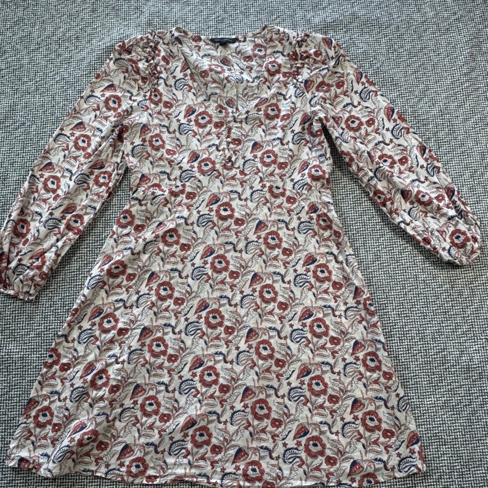 Banana Republic Floral Block Print V-Neck Mini Dress Rust Navy Cream Small Boho
